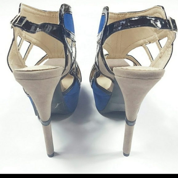 LILIANA Blue/Tan Suede Colorblock Platform Heels - Picture 3 of 5